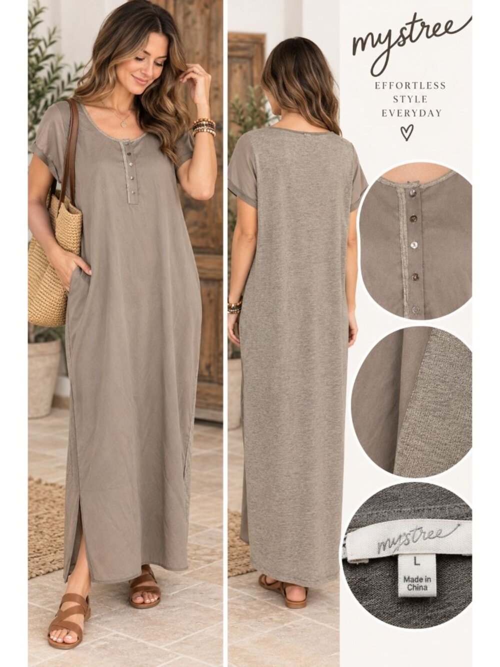 Relist Mystree Womens L Tencel Maxi Dress Taupe Brown Knit Back Henley Boho Lage